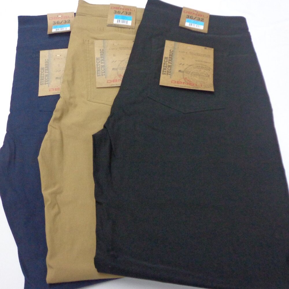 Denali 36-32 Lot of 3 Moccasin Brown Black & Blue Mens Tech Stretch Fabric Pants